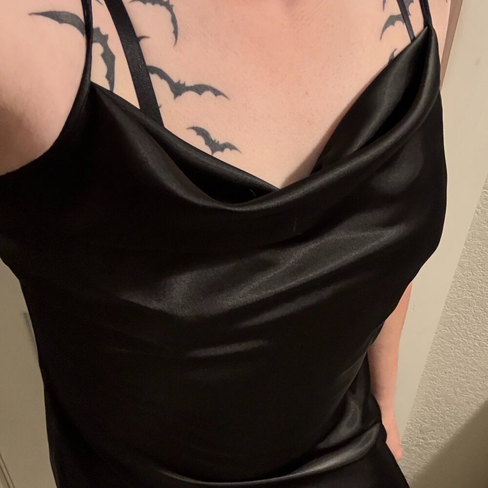 BEBE Large Satin cowl dress Black